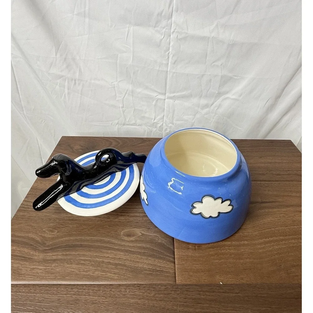 Alison Palmer Whimsical Black Dog Ceramic Lidded Cookie Jar Blue Cloud READ